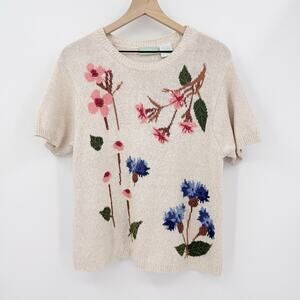220 Hickory Floral Knit Sweater Ramie Cotton Cream Short Sleeve L Cottagecore